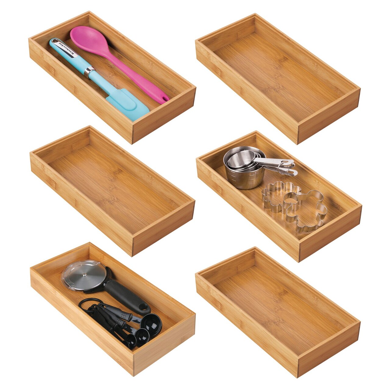 mDesign Bamboo Stackable Kitchen Drawer Organizer Tray, 6 Pack - Natural Wood